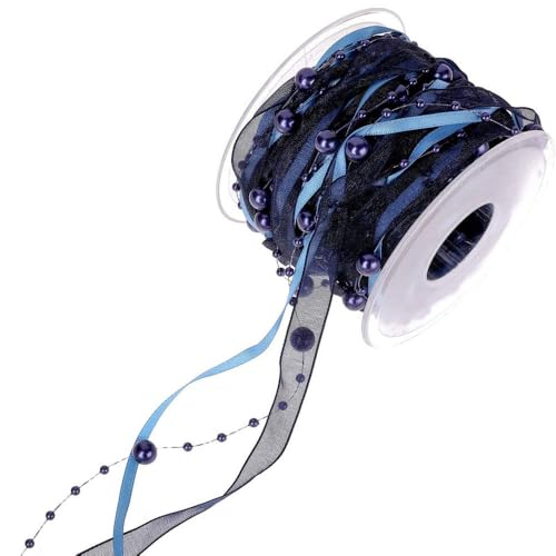 Aniyan 10M Hochzeit Schleifenband Mit Perlen Und Chiffon - 10mm Breites Deko Band Für Blumen, Geschenkbox, Handwerk Und Verpackung - Marineblau von Aniyan
