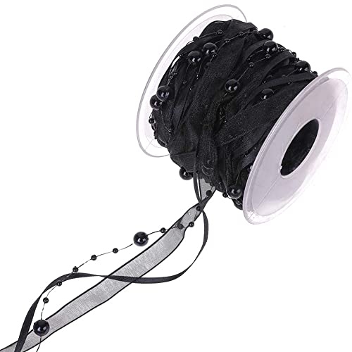 Aniyan 10M Hochzeit Schleifenband Mit Perlen Und Chiffon - 10mm Breites Deko Band Für Blumen, Geschenkbox, Handwerk Und Verpackung - Schwarz von Aniyan