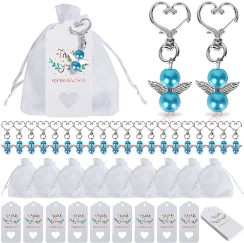 Aniyan 20 Stück Schutzengel Schlüsselanhänger Set – Gastgeschenke Hochzeit Taufe Kommunion Konfirmation mit Organzabeutel & Papieranhänger (Blau) von Aniyan