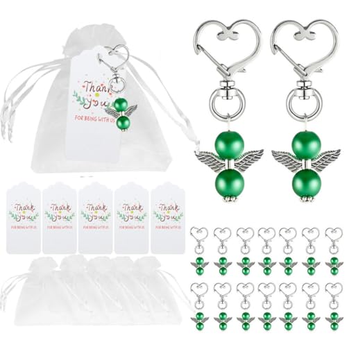Aniyan 20 Stück Schutzengel Schlüsselanhänger Set – Gastgeschenke Hochzeit Taufe Kommunion Konfirmation mit Organzabeutel & Papieranhänger (Grün) von Aniyan