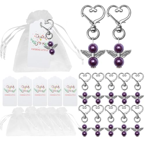 Aniyan 20 Stück Schutzengel Schlüsselanhänger Set – Gastgeschenke Hochzeit Taufe Kommunion Konfirmation mit Organzabeutel & Papieranhänger (Lila) von Aniyan