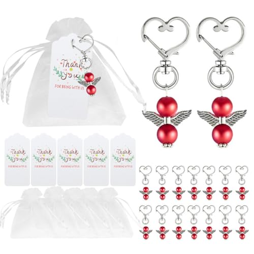 Aniyan 20 Stück Schutzengel Schlüsselanhänger Set – Gastgeschenke Hochzeit Taufe Kommunion Konfirmation mit Organzabeutel & Papieranhänger (Rot) von Aniyan