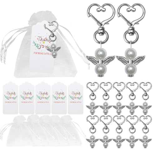 Aniyan 20 Stück Schutzengel Schlüsselanhänger Set – Gastgeschenke Hochzeit Taufe Kommunion Konfirmation mit Organzabeutel & Papieranhänger (Weiß) von Aniyan