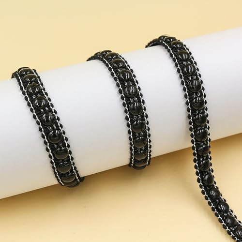 Aniyan 20 Yards Jacquard Band mit Plastik-Perlen,Vintage Spitzenband, 11mm PolyesterBand für Kleidung, Heimdekoration & DIY-Handarbeit (Schwarz C) von Aniyan
