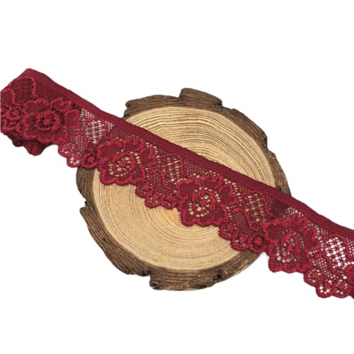 Aniyan 3.3cm Elastisches Spitzenband Spitzenbordüre, Weiche Spitze zum Nähen, Dekoband für DIY Handwerk, Kleidung, Hochzeit, Geschenkverpackung – 3.3cm x 5Yards Yards Dunkelrot von Aniyan
