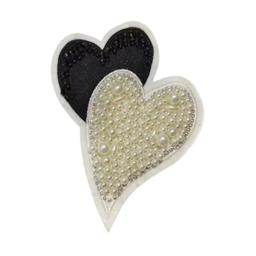 Aniyan Große Herz Applikationen Mit Perlen Und Strass-Doppelherz Aufnäher Patch Zum Aufbügeln Für Kleidung, T-Shirt, Jeans - DIY Verzierung Schwarz Und Weiß,(2 Stück) von Aniyan