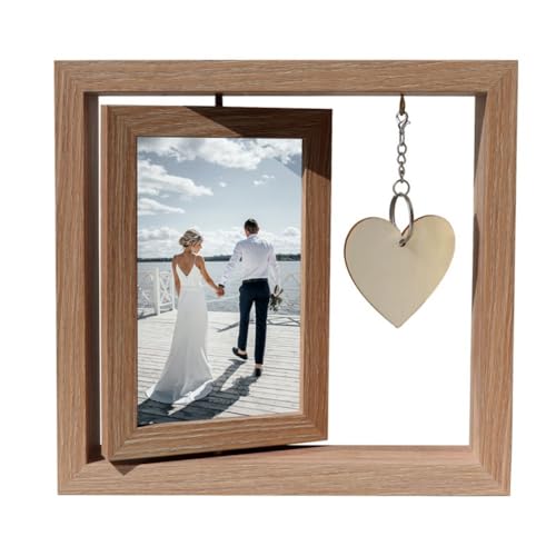 Holz Bilderrahmen 360° Drehbar & Doppelseitig mit Herz Anhänger – Personalisierbarer Fotorahmen für 2 Fotos (15x10cm), Hochzeit, Muttertag, Geburtstag, Büro & Home Deko von Aniyan