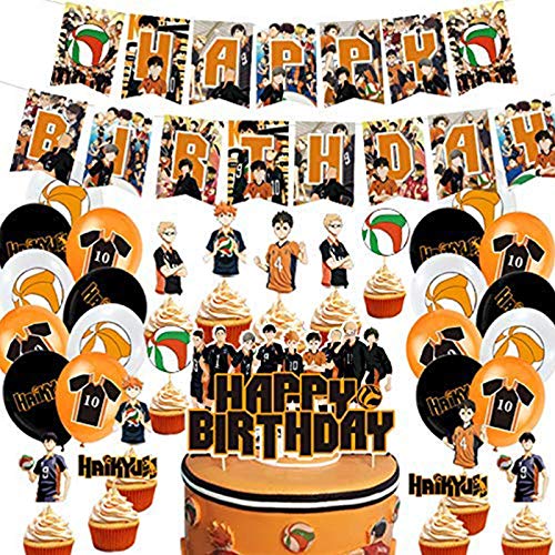 Haikyuu Anime-Motto-Party-Dekorationen, Geburtstagsdekorationen, Zubehör, Happy Birthday Luftballons, Kuchenaufsatz, Cupcake-Topper, Spulen-Set für Kinder, 43 Stück von Anjinguang
