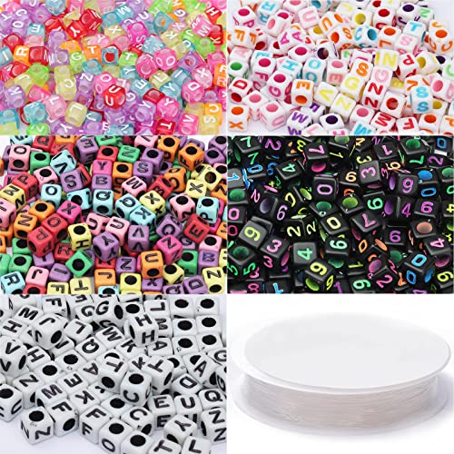 1200pcs 5 Farbe Acryl Alphabet Würfel Perlen Brief Perlen mit 1-Rolle 50M Kristallschnur für die Schmuckherstellung (6mm) von Anjpuy