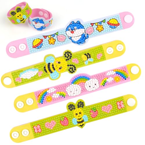 Ankipso 4 Stück Diamond Painting Kinder Armbänder, Diamant Kunst Armband Set, Bienen Armbänder Selber Hunde, Geschenk Mädchen 6 7 8 9 10 Jahre, DIY Diamond Painting Bastelset von Ankipso