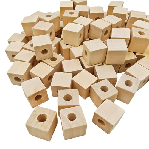 Holzwürfel mit Löchern, 2 cm/100 Stück, unlackierte quadratische Holzperlen, Blöcke, natürlich, blanko, Holzwürfel für Bastelarbeiten, (Öffnung: 8 mm) von Anktily