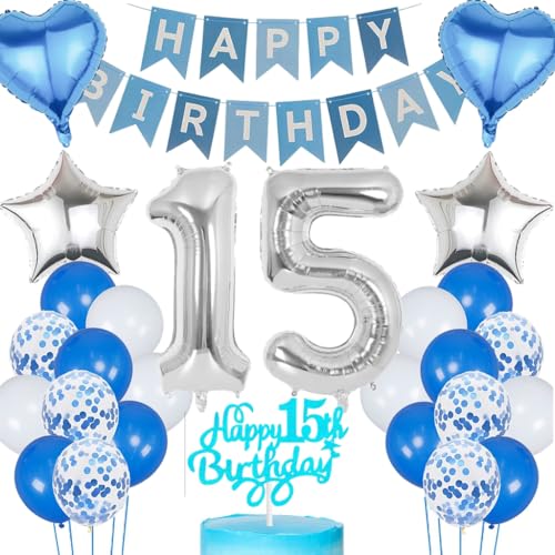 Anlgdi Blau Silber Luftballons 15. Geburtstag Dekoration, Tortendeko Geburtstag 15 Jahre Junge, Geburtstagsdeko 15 Jahre Mädchen, Deko 15 Jahre Geburtstag Junge, Happy Birthday 15. Mädchen Geburtstag von Anlgdi