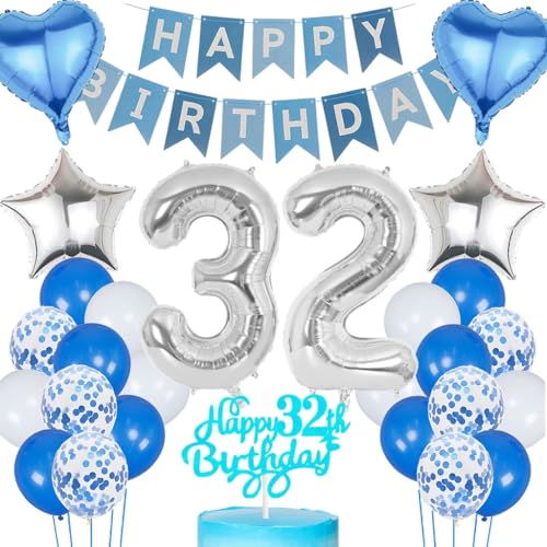 Anlgdi Blau Silber Luftballons 32. Geburtstag Dekoration, Tortendeko Geburtstag 32 Jahre Mann, Geburtstagsdeko 32 Jahre Mann Frau, Deko 32 Jahre Geburtstag Männer, Happy Birthday 32. Frauen Geburtstag von Anlgdi