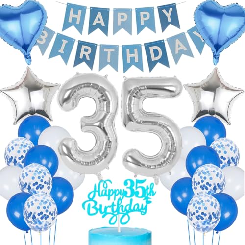 Anlgdi Blau Silber Luftballons 35. Geburtstag Dekoration, Tortendeko Geburtstag 35 Jahre Mann, Geburtstagsdeko 35 Jahre Mann Frau, Deko 35 Jahre Geburtstag Männer, Happy Birthday 35. Frauen Geburtstag von Anlgdi