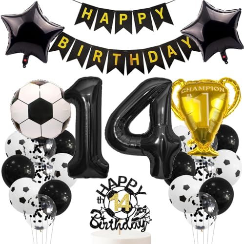 Anlgdi Luftballon 14. Geburtstag Deko, Fußballs Ballon 14. Geburtstags Deko Junge, Helium Ballon 14 Geburtstags Junge, Happy Birthday Banner für Fussball 14. Geburtstag Party Dekoration von Anlgdi