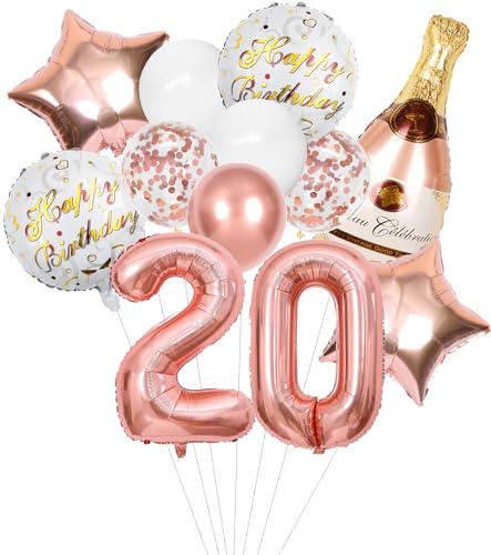 Anlgdi Folienballon Champagne Rosegold, Luftballon 20. Geburtstag Deko Frau, Geburtstagsdeko 20 Jahre Frauen, Helium Ballon Champagner Flasche Bier Happy Birthday Deko für 20. Geburtstag Party Deko von Anlgdi