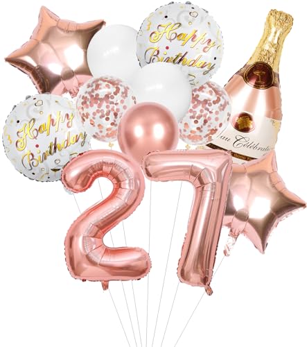 Anlgdi Folienballon Champagne Rosegold, Luftballon 27. Geburtstag Deko Frau, Geburtstagsdeko 27 Jahre Frauen, Helium Ballon Champagner Flasche Bier Happy Birthday Deko für 27. Geburtstag Party Deko von Anlgdi