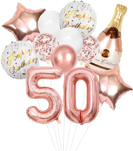 Anlgdi Folienballon Champagne Rosegold, Luftballon 50. Geburtstag Deko Frau, Geburtstagsdeko 50 Jahre Frauen, Helium Ballon Champagner Flasche Bier Happy Birthday Deko für 50. Geburtstag Party Deko von Anlgdi