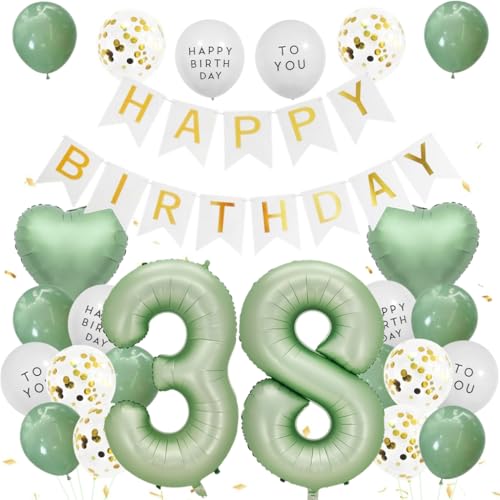 Anlgdi Luftballon 38. Geburtstag Deko Männer, Geburtstagsdeko 38 Jahre Frauen, Salbeigrüne Ballon 38 Geburtstags Frau Mann, Folienballon Zahl 38, Happy Birthday Banner Deko 38 Geburtstag Männer von Anlgdi