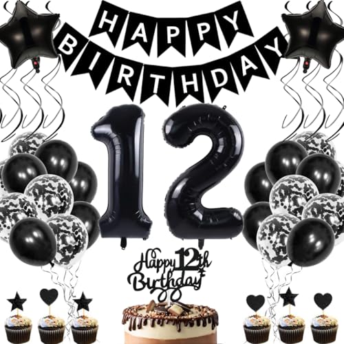 Anlgdi Geburtstagsdeko 12 Jahre Mädchen Junge, Luftballons 12. Geburtstag Dekoration, Schwarz Tortendeko Geburtstags 12 Jahre Mädchen, Folienballon Zahl 12 Schwarz, Deko 12. Geburtstag Junge von Anlgdi