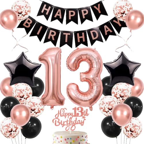 Anlgdi Geburtstagsdeko 13 Jahre Mädchen, Luftballons 13. Geburtstag Dekoration Mädchen, Happy Birthday Deko 13 Geburtstags, Roségold Ballons 13. Geburtstag Party Dekoration Set von Anlgdi