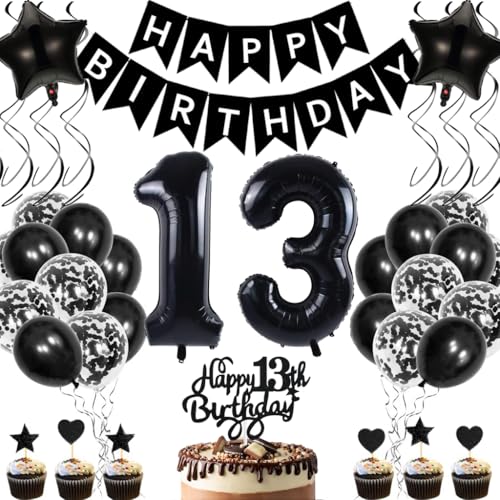 Anlgdi Geburtstagsdeko 13 Jahre Mädchen Junge, Luftballons 13. Geburtstag Dekoration, Schwarz Tortendeko Geburtstags 13 Jahre Mädchen, Folienballon Zahl 13 Schwarz, Deko 13. Geburtstag Junge von Anlgdi