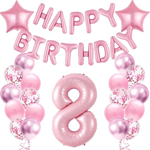 Anlgdi Geburtstagsdeko 8 Jahre Mädchen, Luftballons 8. Geburtstag Dekoration Mädchen, Folienballon Happy Birthday Deko 8 Jahre Kinder, Rosé Ballons 8. Geburtstag Party Dekoration Set von Anlgdi