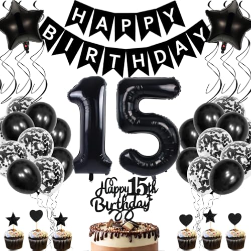 Anlgdi Geburtstagsdeko 15 Jahre Mädchen Junge, Luftballons 15. Geburtstag Dekoration, Schwarz Tortendeko Geburtstags 15 Jahre Mädchen, Folienballon Zahl 15 Schwarz, Deko 15. Geburtstag Junge von Anlgdi