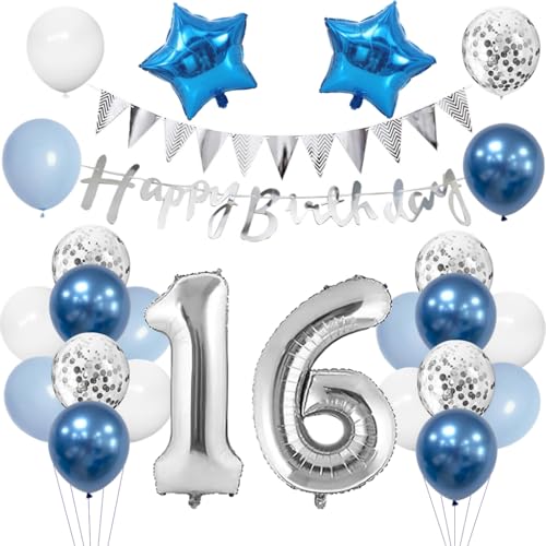 Anlgdi Geburtstagsdeko 16 Jahr Junge, Luftballon 16. Geburtstag, Blau Deko 16. Geburtstag Mädchen, Folienballon 16 Geburtstags Junge Dekoration, Happy Birthday Banner Deko 16 Geburtstags Junge von Anlgdi