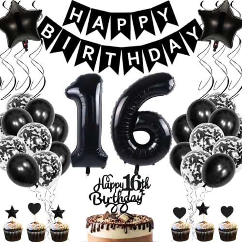 Anlgdi Geburtstagsdeko 16 Jahre Mädchen Junge, Luftballons 16. Geburtstag Dekoration, Schwarz Tortendeko Geburtstags 16 Jahre Mädchen, Folienballon Zahl 16 Schwarz, Deko 16. Geburtstag Junge von Anlgdi