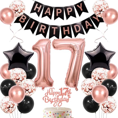 Anlgdi Geburtstagsdeko 17 Jahre Mädchen, Luftballons 17. Geburtstag Dekoration Mädchen, Happy Birthday Deko 17 Geburtstags, Roségold Ballons 17. Geburtstag Party Dekoration Set von Anlgdi