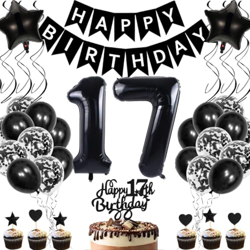 Anlgdi Geburtstagsdeko 17 Jahre Mädchen Junge, Luftballons 17. Geburtstag Dekoration, Schwarz Tortendeko Geburtstags 17 Jahre Mädchen, Folienballon Zahl 17 Schwarz, Deko 17. Geburtstag Junge von Anlgdi