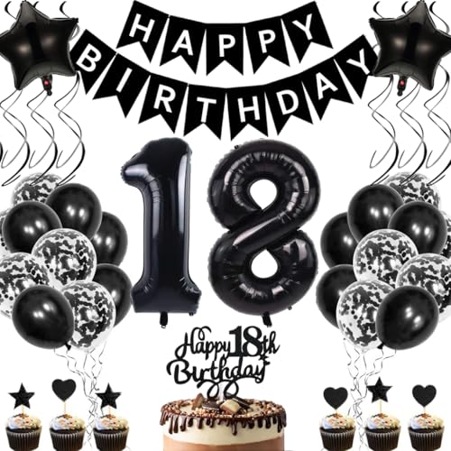 Anlgdi Geburtstagsdeko 18 Jahre Mädchen Junge, Luftballons 18. Geburtstag Dekoration, Schwarz Tortendeko Geburtstags 18 Jahre Mädchen, Folienballon Zahl 18 Schwarz, Deko 18. Geburtstag Junge von Anlgdi