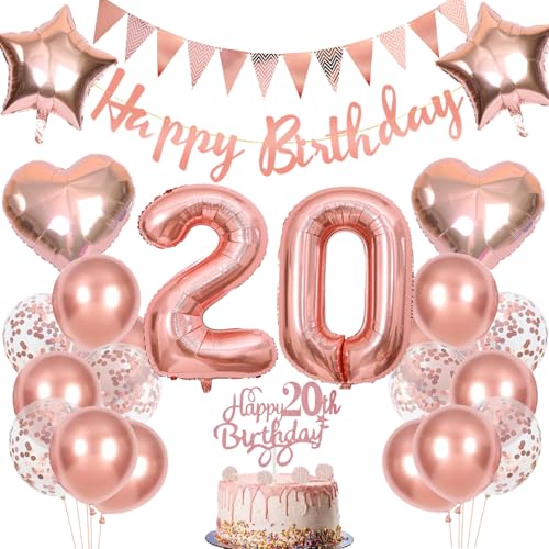 Anlgdi Geburtstagsdeko 20 Jahre Frau, Rosegold Tortendeko Geburtstag 20 Jahre Frauen, Deko 20. Geburtstag Frau, Luftballons 20. Geburtstag Frau, Happy Birthday Banner Deko 20 Geburtstag Frauen von Anlgdi