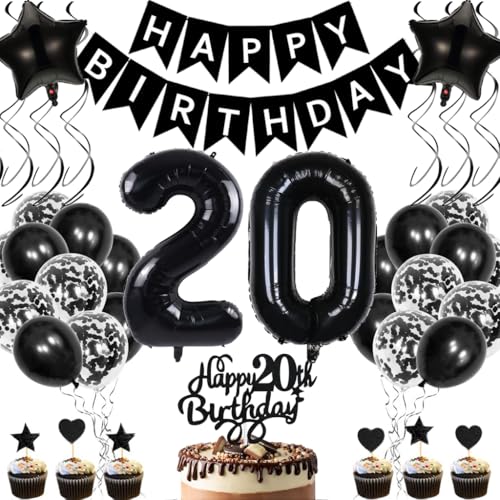 Anlgdi Geburtstagsdeko 20 Jahre Mann Frau, Luftballons 20. Geburtstag Dekoration, Schwarz Tortendeko Geburtstags 20 Jahre Frauen, Folienballon Zahl 20 Schwarz, Deko 20. Geburtstag Männer von Anlgdi