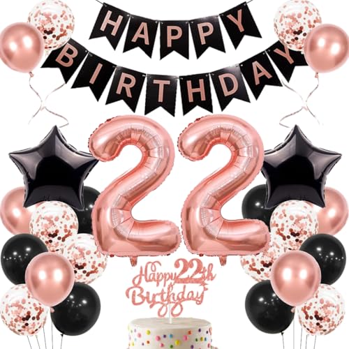 Anlgdi Geburtstagsdeko 22 Jahre Frau, Luftballons 22. Geburtstag Dekoration Frauen, Happy Birthday Deko 22 Geburtstags, Roségold Ballons 22. Geburtstag Party Dekoration Set von Anlgdi