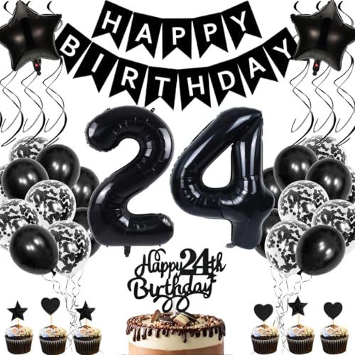 Anlgdi Geburtstagsdeko 24 Jahre Mann Frau, Luftballons 24. Geburtstag Dekoration, Schwarz Tortendeko Geburtstags 24 Jahre Frauen, Folienballon Zahl 24 Schwarz, Deko 24. Geburtstag Männer von Anlgdi