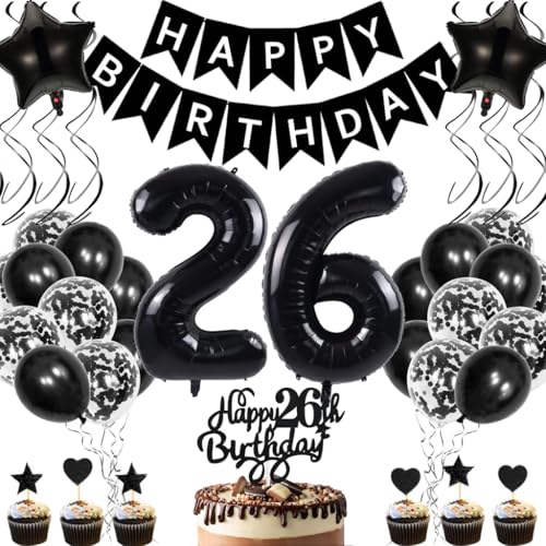 Anlgdi Geburtstagsdeko 26 Jahre Mann Frau, Luftballons 26. Geburtstag Dekoration, Schwarz Tortendeko Geburtstags 26 Jahre Frauen, Folienballon Zahl 26 Schwarz, Deko 26. Geburtstag Männer von Anlgdi