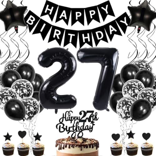 Anlgdi Geburtstagsdeko 27 Jahre Mann Frau, Luftballons 27. Geburtstag Dekoration, Schwarz Tortendeko Geburtstags 27 Jahre Frauen, Folienballon Zahl 27 Schwarz, Deko 27. Geburtstag Männer von Anlgdi