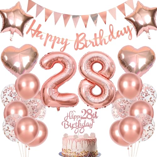 Anlgdi Geburtstagsdeko 28 Jahre Frau, Rosegold Tortendeko Geburtstag 28 Jahre Frauen, Deko 28. Geburtstag Frau, Luftballons 28. Geburtstag Frau, Happy Birthday Banner Deko 28 Geburtstag Frauen von Anlgdi