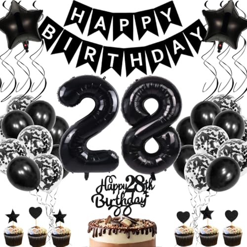 Anlgdi Geburtstagsdeko 28 Jahre Mann Frau, Luftballons 28. Geburtstag Dekoration, Schwarz Tortendeko Geburtstags 28 Jahre Frauen, Folienballon Zahl 28 Schwarz, Deko 28. Geburtstag Männer von Anlgdi