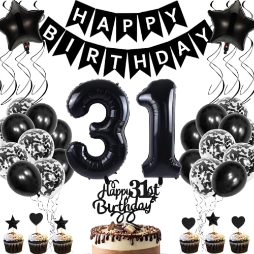 Anlgdi Geburtstagsdeko 31 Jahre Mann Frau, Luftballons 31. Geburtstag Dekoration, Schwarz Tortendeko Geburtstags 31 Jahre Frauen, Folienballon Zahl 31 Schwarz, Deko 31. Geburtstag Männer von Anlgdi