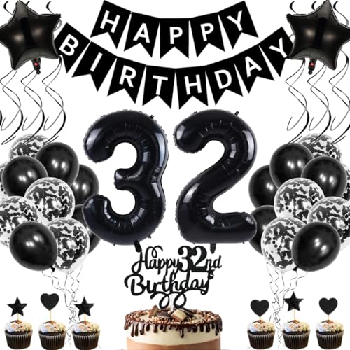 Anlgdi Geburtstagsdeko 32 Jahre Mann Frau, Luftballons 32. Geburtstag Dekoration, Schwarz Tortendeko Geburtstags 32 Jahre Frauen, Folienballon Zahl 32 Schwarz, Deko 32. Geburtstag Männer von Anlgdi