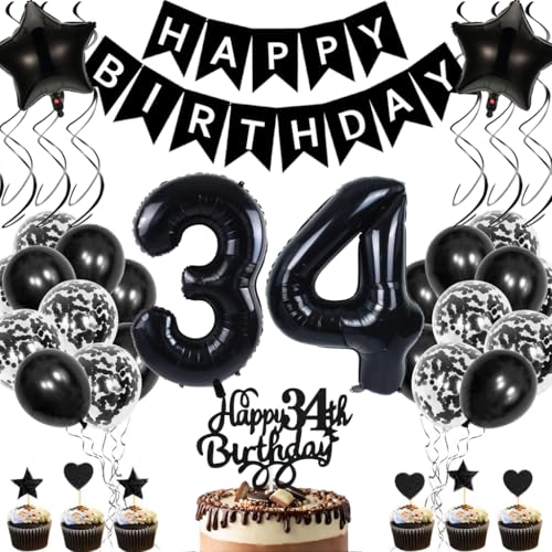 Anlgdi Geburtstagsdeko 34 Jahre Mann Frau, Luftballons 34. Geburtstag Dekoration, Schwarz Tortendeko Geburtstags 34 Jahre Frauen, Folienballon Zahl 34 Schwarz, Deko 34. Geburtstag Männer von Anlgdi