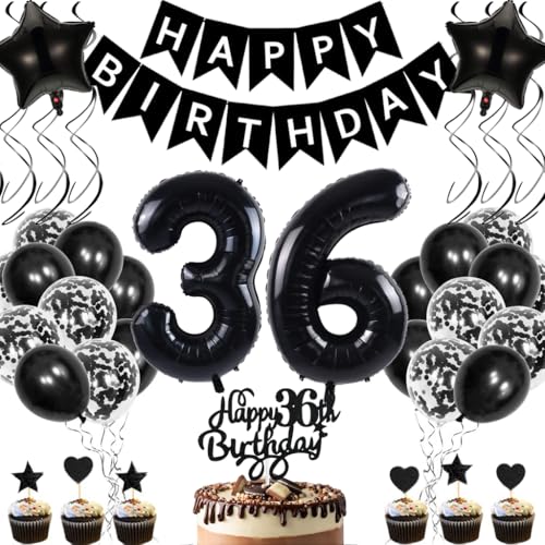 Anlgdi Geburtstagsdeko 36 Jahre Mann Frau, Luftballons 36. Geburtstag Dekoration, Schwarz Tortendeko Geburtstags 36 Jahre Frauen, Folienballon Zahl 36 Schwarz, Deko 36. Geburtstag Männer von Anlgdi