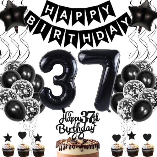 Anlgdi Geburtstagsdeko 37 Jahre Mann Frau, Luftballons 37. Geburtstag Dekoration, Schwarz Tortendeko Geburtstags 37 Jahre Frauen, Folienballon Zahl 37 Schwarz, Deko 37. Geburtstag Männer von Anlgdi