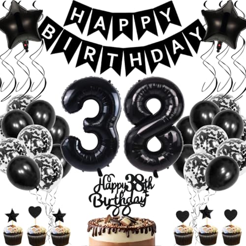 Anlgdi Geburtstagsdeko 38 Jahre Mann Frau, Luftballons 38. Geburtstag Dekoration, Schwarz Tortendeko Geburtstags 38 Jahre Frauen, Folienballon Zahl 38 Schwarz, Deko 38. Geburtstag Männer von Anlgdi
