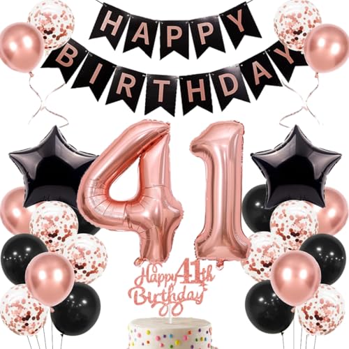 Anlgdi Geburtstagsdeko 41 Jahre Frau, Luftballons 41. Geburtstag Dekoration Frauen, Happy Birthday Deko 41 Geburtstags, Roségold Ballons 41. Geburtstag Party Dekoration Set von Anlgdi