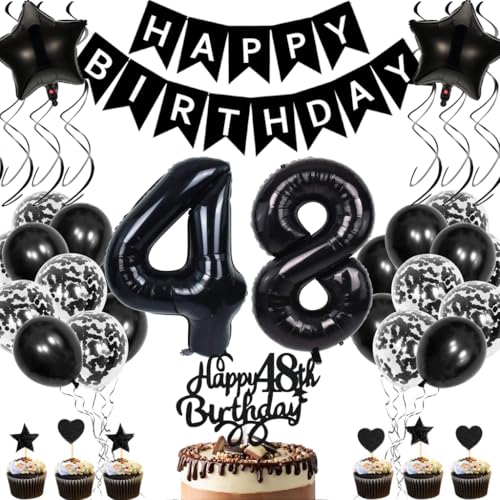 Anlgdi Geburtstagsdeko 48 Jahre Mann Frau, Luftballons 48. Geburtstag Dekoration, Schwarz Tortendeko Geburtstags 48 Jahre Frauen, Folienballon Zahl 48 Schwarz, Deko 48. Geburtstag Männer von Anlgdi