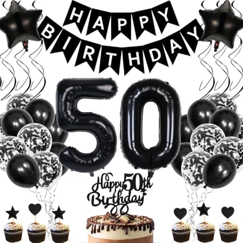 Anlgdi Geburtstagsdeko 50 Jahre Mann Frau, Luftballons 50. Geburtstag Dekoration, Schwarz Tortendeko Geburtstags 50 Jahre Frauen, Folienballon Zahl 50 Schwarz, Deko 50. Geburtstag Männer von Anlgdi